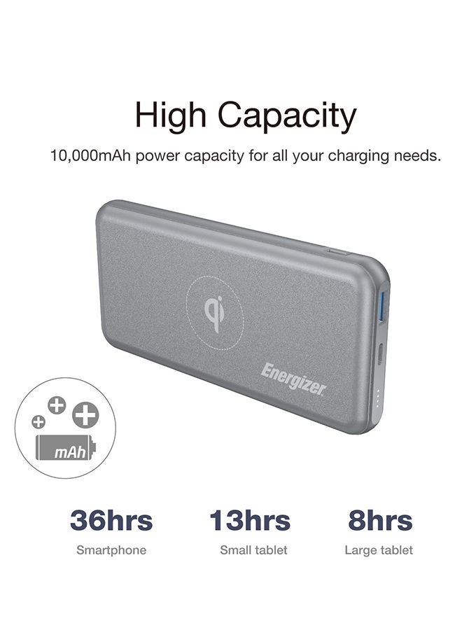 Energizer - 10000 mAh Ultimate Qi Wireless Power Bank, Dual Outputs, USB-C Power Delivery Output For iPhone/ iPad, 18W Smart USB-A Fast Charging For Samsung Huawei, Redmi, OnePlus, Oppo, Vivo, Quick Recharging, LED Indicator, PowerSafe Management, 18W Grey - Image 1