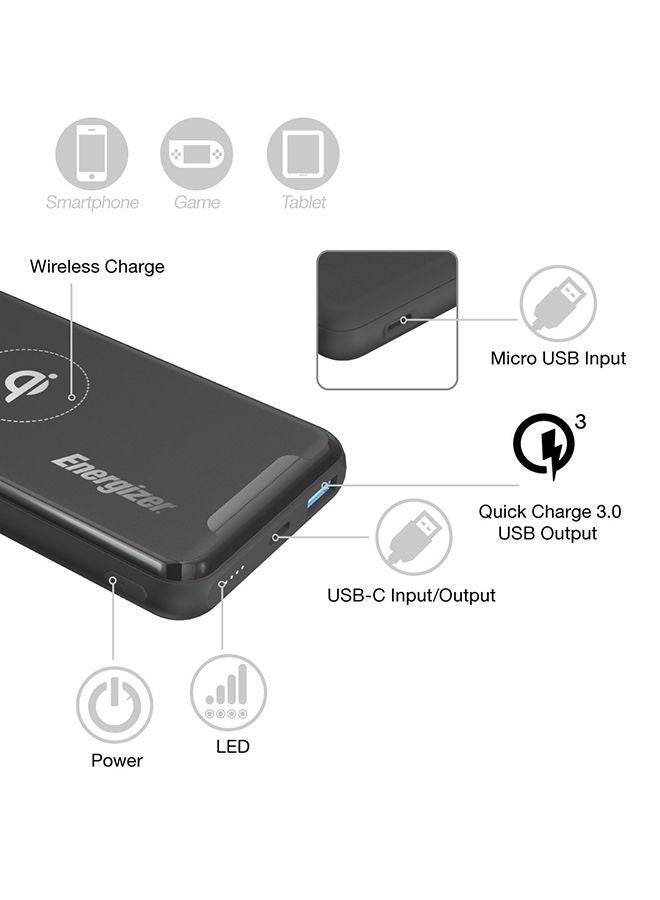Energizer - 10000 mAh Ultimate Qi Wireless Power Bank, Dual Outputs, USB-C Power Delivery Output For iPhone/ iPad, 18W Smart USB-A Fast Charging For Samsung Huawei, Redmi, OnePlus, Oppo, Vivo, Quick Recharging, LED Indicator, PowerSafe Management, 18W Grey - Image 1