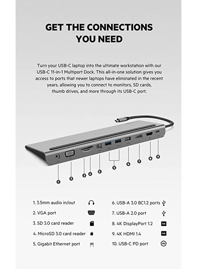 belkin - USB C Hub,11-In-1 Multiport Adapter Dock With 4K HDMI,Dp,VGA,USB-C 100W PD Pass-Through Charging,3 USB A,Gigabit Ethernet,SD,MicroSD,3.5mm Ports For Macbook Pro, Air, Xps And More Gray - Image 1