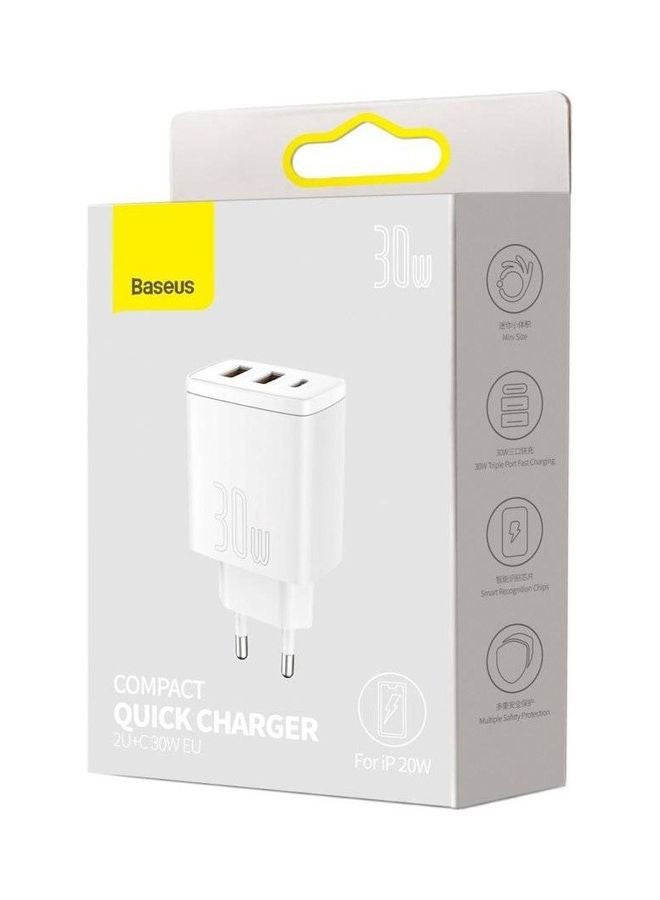 Baseus - iPhone Charger 30W USB C PD Fast Charger, 1 Port Type-C and Dual Port QC3.0 Quick Wall Adapter EU Plug, for iPhone15/15 Pro Max/15 Pro/15 Plus/14/13/12/11, Galaxy, Pixel 4/3, iPad Pro, AirPods Pro, and More White White - Image 1