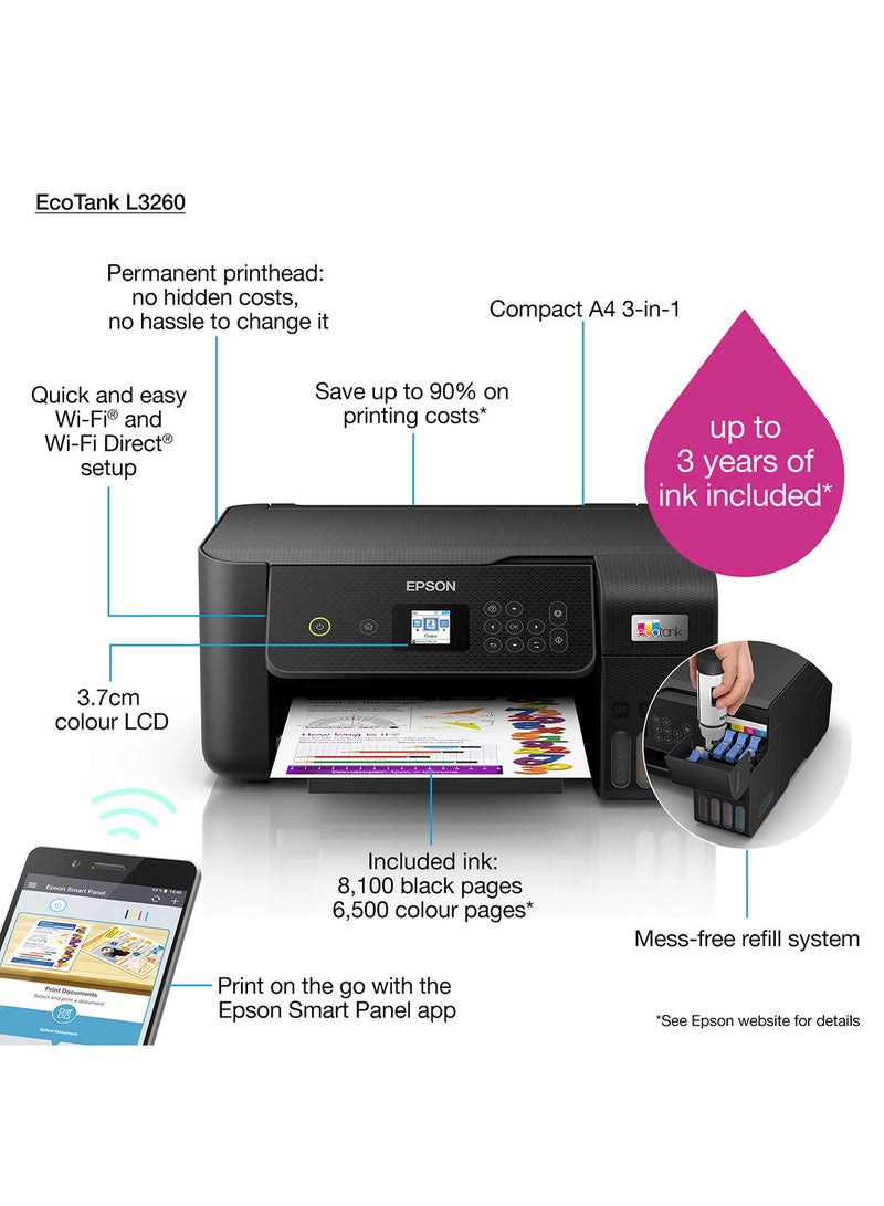 إبسون - طابعة 3 في 1 EcoTank L3260 Home Ink Tank، أسود أسود - Image 1