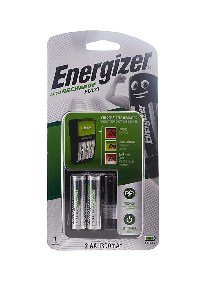Energizer - Energizer Charger Maxi for AA & AAA Batteries With 2 AA Rechargeable Batteries Silver/Black/Green - Image 1