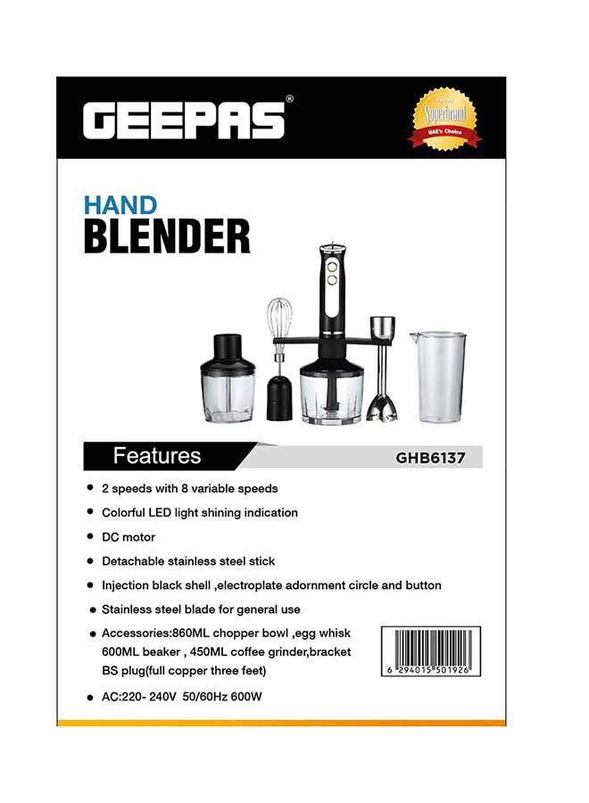 GEEPAS - Multi Functional 5 In 1 Hand Blender With 860 ML Chopper Bowl, 8 Variable Speed, Removable Stainless Steel Stick GHB6137 Black/Clear/Silver - Image 1