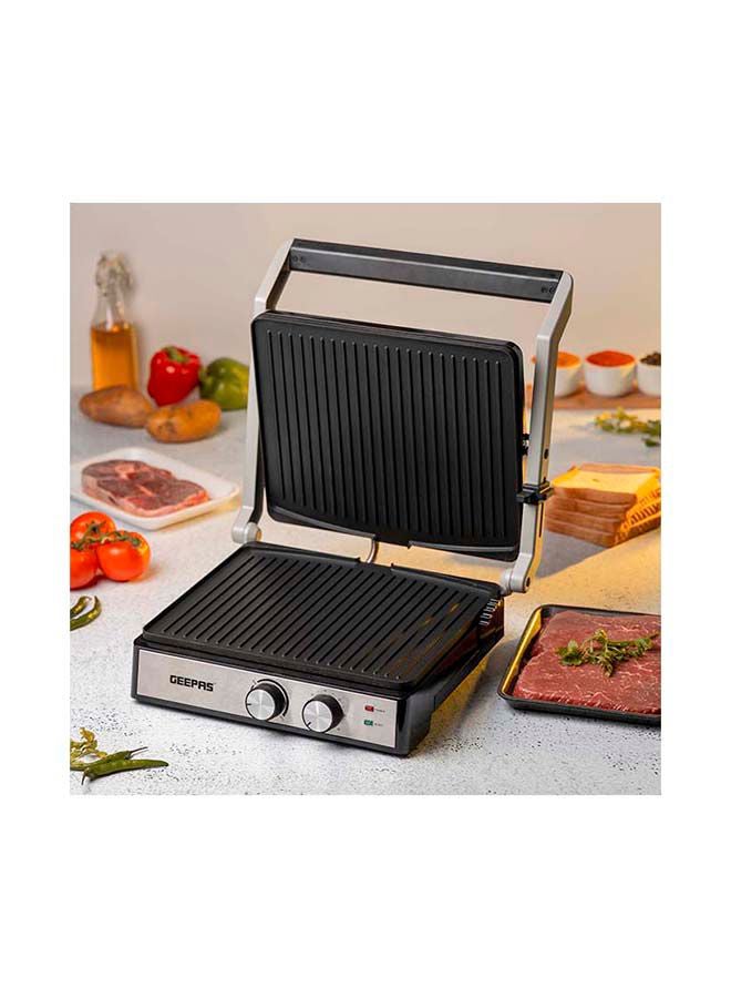 GEEPAS - Stainless Steel Grill Maker, Panini Maker| Open Flat Up To 180 |  Timer & Temperature Control | Non-Stick Cooking Plate & Cool Touch Handle | Panini Press Grill 2000 W GGM36539 Silver/Black - Image 1
