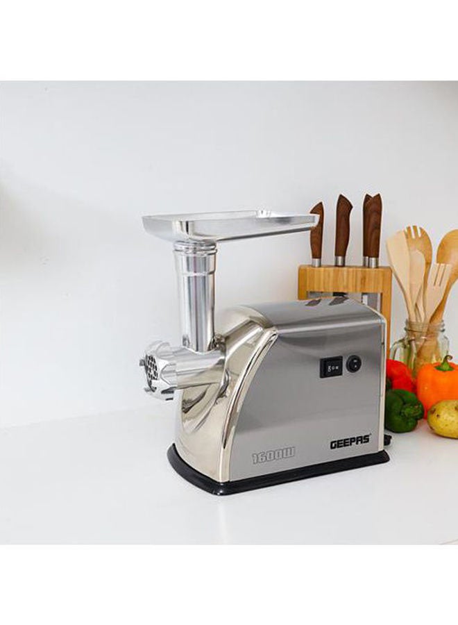 GEEPAS - Meat Grinder Electric Aluminum Gearbox - 3 Metal Stainless Steel Cutting Plates, Accessories, Metal Gears, Stainless Steel Blade 1 kg 1600 W GMG1909 Silver - Image 1