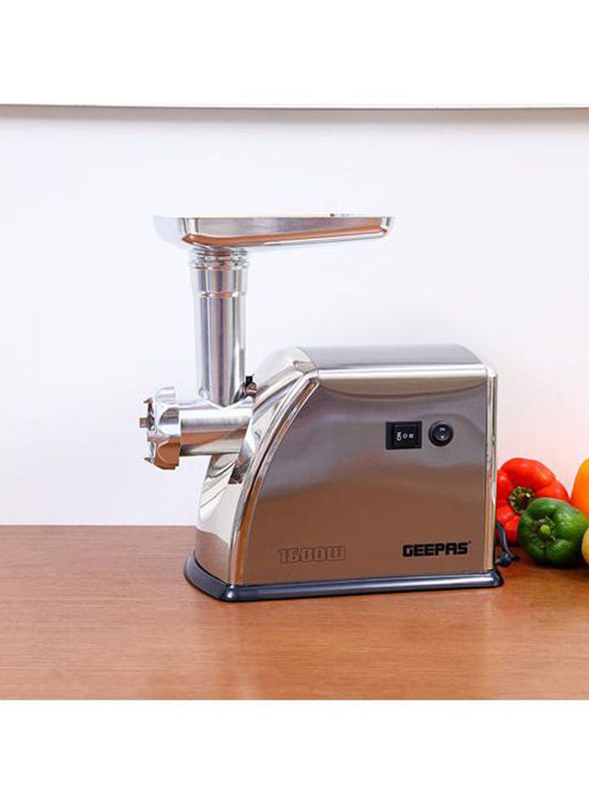 GEEPAS - Meat Grinder Electric Aluminum Gearbox - 3 Metal Stainless Steel Cutting Plates, Accessories, Metal Gears, Stainless Steel Blade 1 kg 1600 W GMG1909 Silver - Image 1