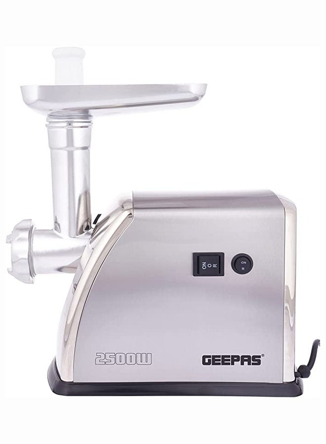 GEEPAS - Meat Grinder Electric Aluminum Gearbox - 3 Metal Stainless Steel Cutting Plates, Accessories, Metal Gears, Stainless Steel Blade 1 kg 1600 W GMG1909 Silver - Image 1