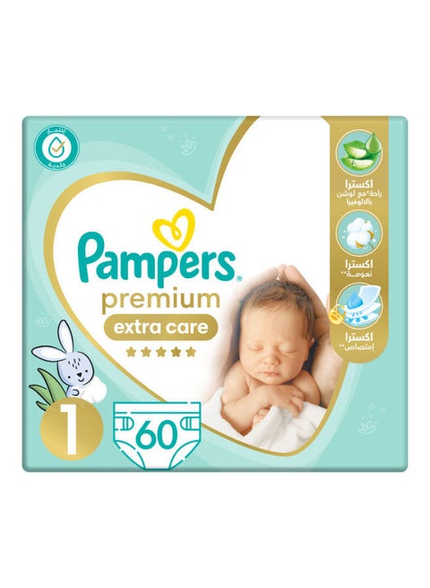 Premium Extra Care Diapers, Size 1, 60 Baby Diapers