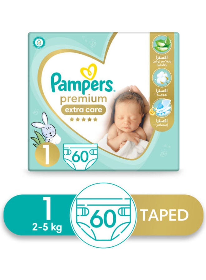 Pampers - Premium Extra Care Diapers, Size 1, 60 Baby Diapers - Image 1