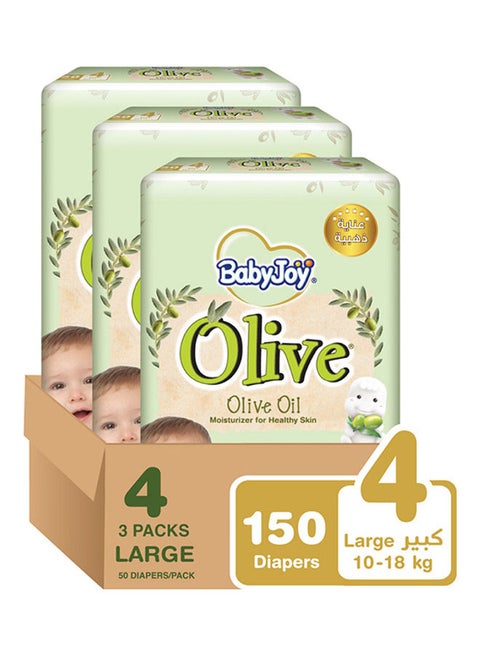 Olive Tape Diaper, Size 4, Large, 10-18 Kg, Mega Box, 150 Diapers