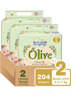 BabyJoy Olive Tape Diaper, Size 2, Small, 3.5-7 Kg, Mega Box, 204 Diapers  - Image 1