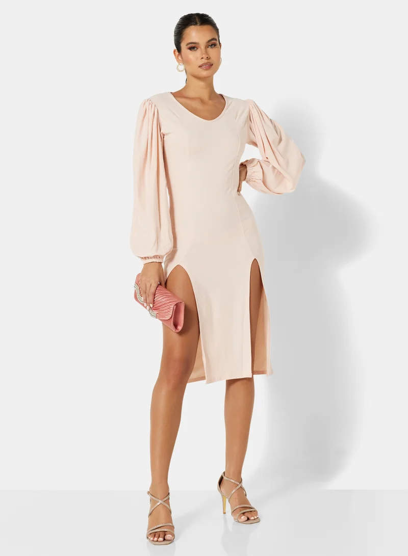 FEMME LUXE Blouson Sleeve Midi Dress Pink