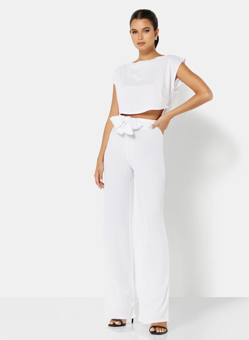 FEMME LUXE Boat Neck Crop Top and Pants Set (Set of 2)