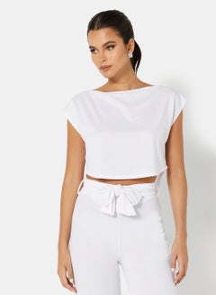 FEMME LUXE Boat Neck Crop Top and Pants Set (Set of 2) White  - Image 3