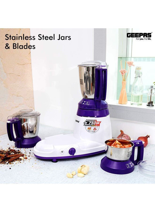 GEEPAS - Multifunctional Mixer Grinder Stainless Steel Jars with Lockable Lid Perfect for Dry and Wet Fine Grinding  3 Speed powerful motor 1.5 L 750 W GSB44067 White/Purple/Silver - Image 1