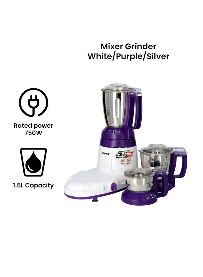 GEEPAS - Multifunctional Mixer Grinder Stainless Steel Jars with Lockable Lid Perfect for Dry and Wet Fine Grinding  3 Speed powerful motor 1.5 L 750 W GSB44067 White/Purple/Silver - Image 1