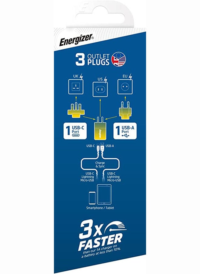 Energizer - Ultimate 38W Fast Charging QualComm Wall Charger, 20W Power Delivery Type-C Output And 18W QC USB-A Output, International Plugs, Universal Compatibility Silver - Image 1