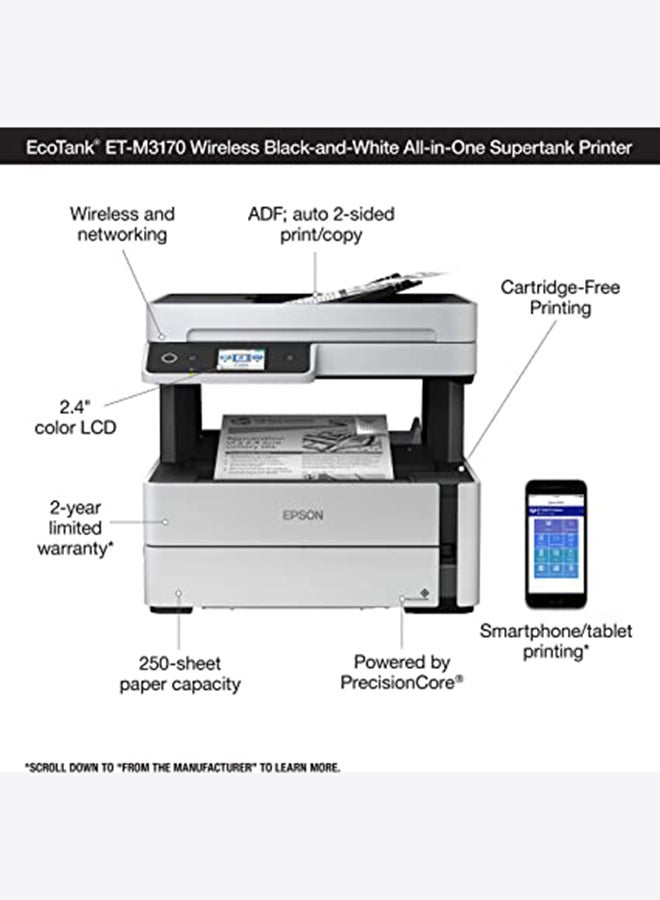 EPSON - Ecotank M3170 Mono Print/Scan/Copy/Fax Wi-Fi Tank Printer White/Black - Image 1