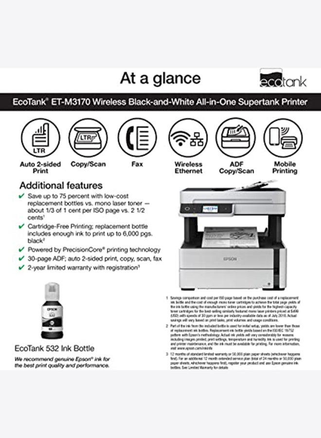 EPSON - Ecotank M3170 Mono Print/Scan/Copy/Fax Wi-Fi Tank Printer White/Black - Image 1