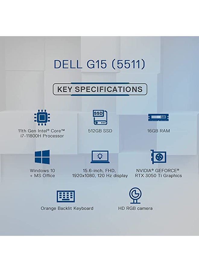 ديل - لابتوب G15 5511 للألعاب بشاشة مقاس 15.6 بوصة بدقة كاملة الوضوح بمعدل تحديث 120 هرتز وبمعالج إنتل كور i7-11800H الجيل 11 ثماني النواة وذاكرة رام 16 جيجابايت ومحرك أقراص SSD سعة 512 جيجابايت وبطاقة رسومات إنفيديا جيفورس RTX3050 بذاكرة من نوع GDDR6 سعة 4 جيجابايت ولوحة مفاتيح بإضاءة خلفية بلون برتقالي  ونظام تشغيل أوبونتو الإنجليزية/العربية رمادي شادو - Image 1