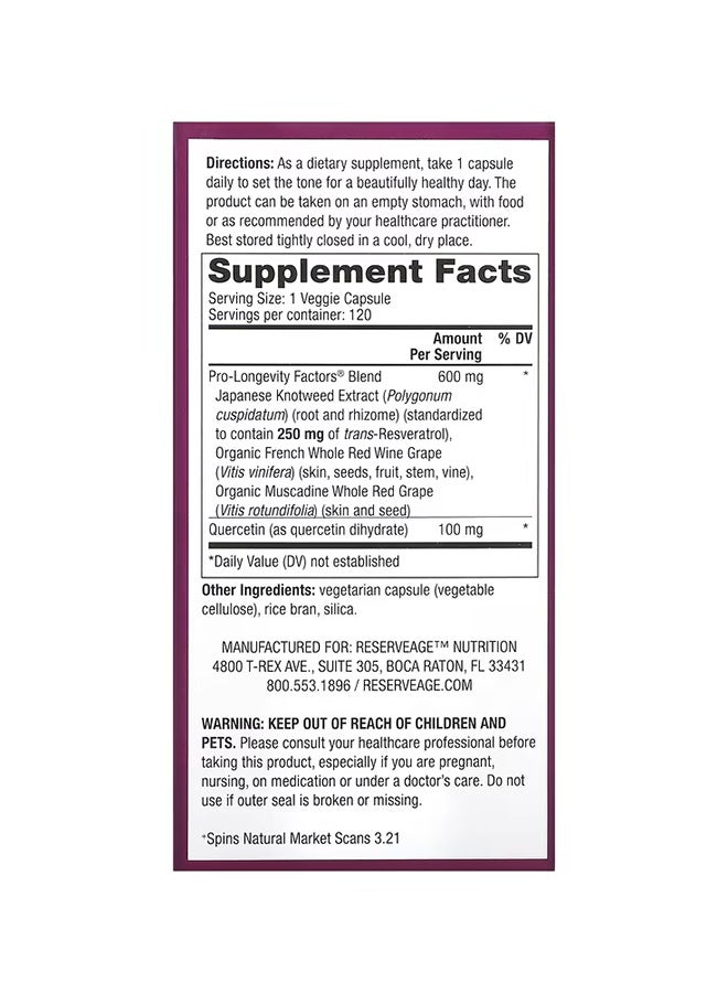 ReserveAge Nutrition - Resveratrol With Active Trans-Resveratrol 250 mg - 120 Veggie Capsules - Image 1