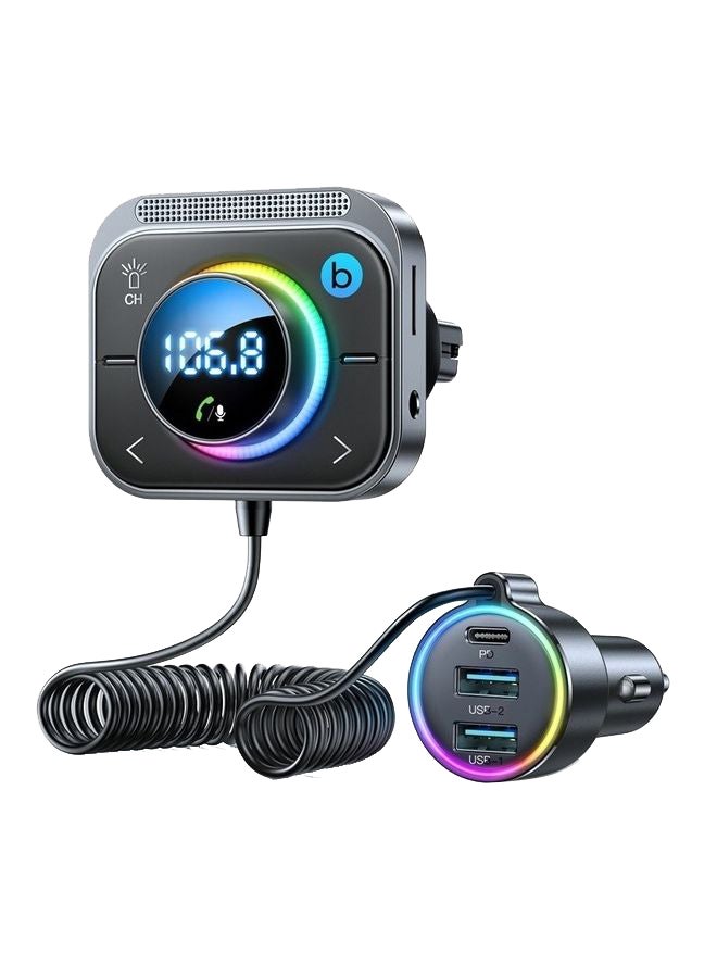 JOYROOM - 30W PD Type-C USB Car Charger LED Display Bluetooth Adapter FM Transmitter With Coiled Cable Black - Image 1