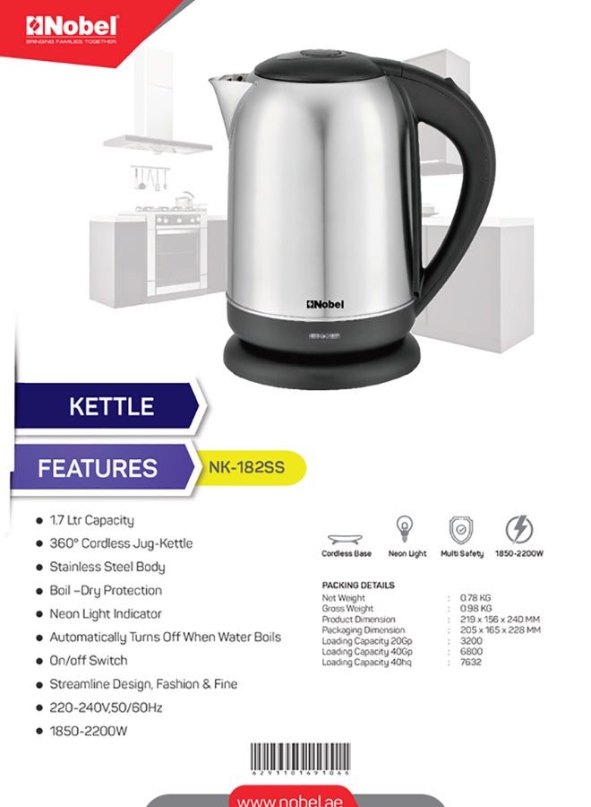 Nobel - Stainless Steel Kettle with Auto Lid-Open Structure and Dual Window, Automatic Off When Water Boiled, Flex Operation Boiling Dry Protection 1.7 L 1850 W NK182SS Stainless Steel - Image 1
