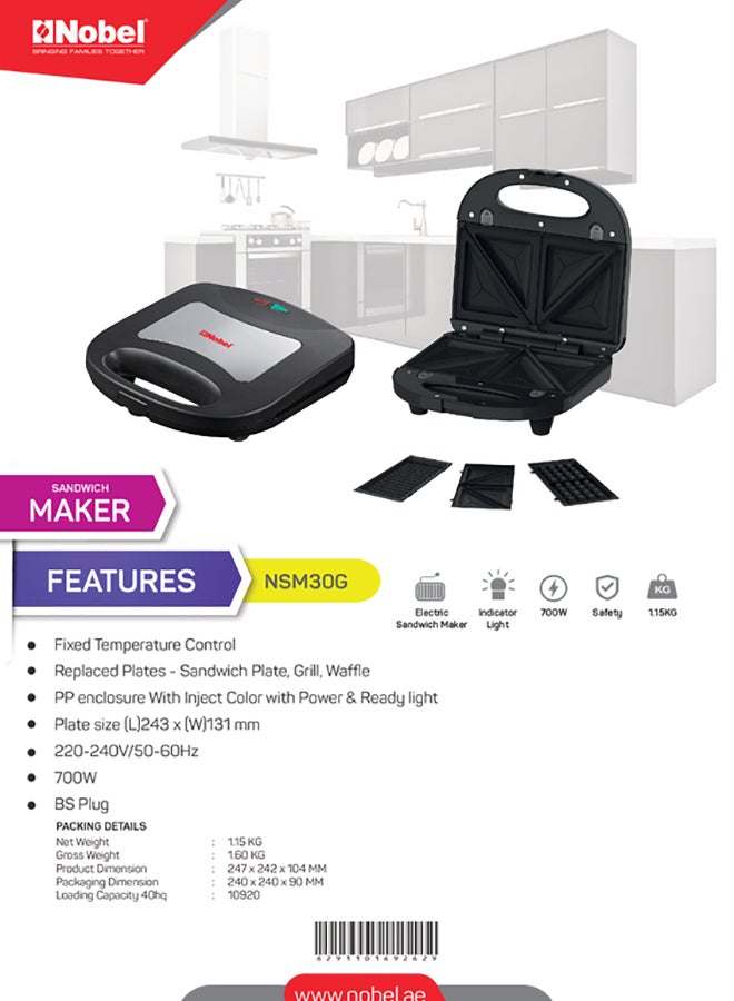 Nobel - Sandwich Maker Grill+Waffle Plate NSM30G 700.0 W NSM30G Black/Silver - Image 1