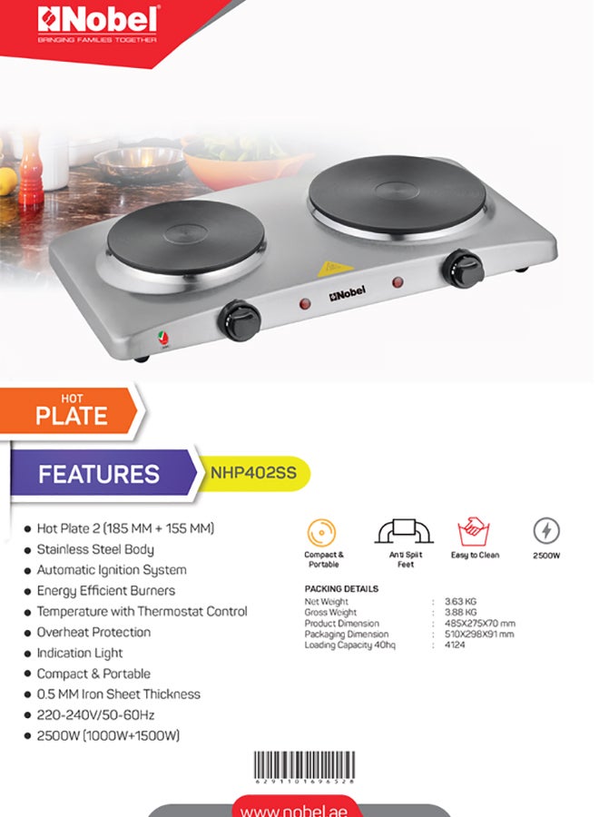 Nobel - Electric Dual Hot Plate with Overheat Protection and Indication Light  and 185mm + 155 mm Hot Plate 2500 W NHP402SS Silver - Image 1