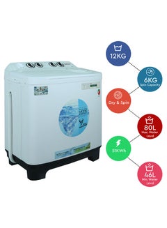 Nobel 12/6 kg Twin Tub Semi-Automatic Washing Machine with 12 KG washwe and 6 KG spin capacity, Air-Dry Function, Ripple Pulsator, Bubble Maker, 500W Wash Power, 200W Spin Motor, Double Layer Tub 500 W NWM1301 White  - Image 2