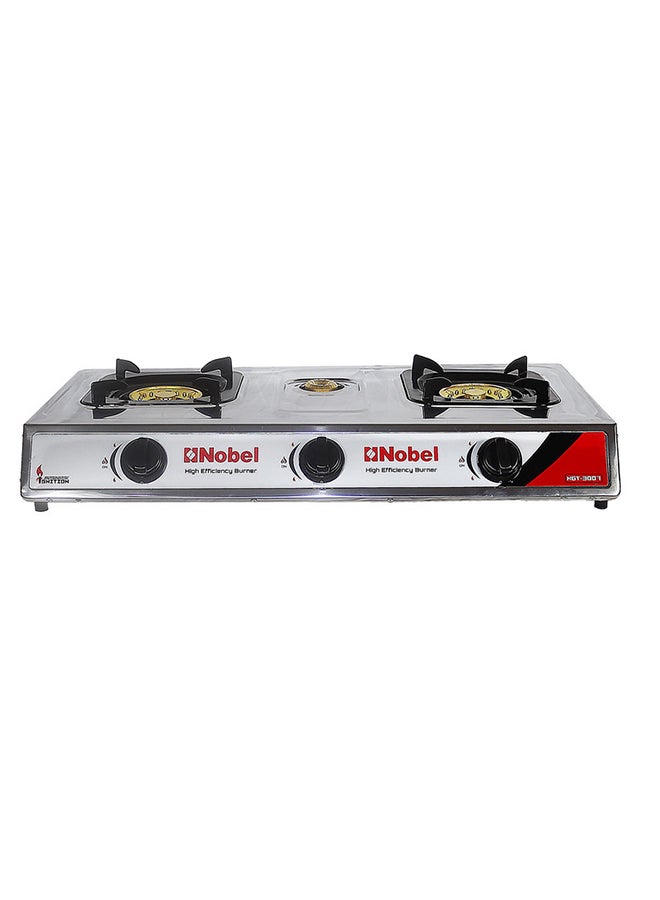 Nobel - 3 Gas Burner/3 High Efficiency Burner Gas Stove Cold Steel Paint Finish Look and Piezo Ignition, with 90mm Single Burner, 40mm Single Burner, 90mm Double Brass Cover NGT3007 Stainless Steel - Image 1