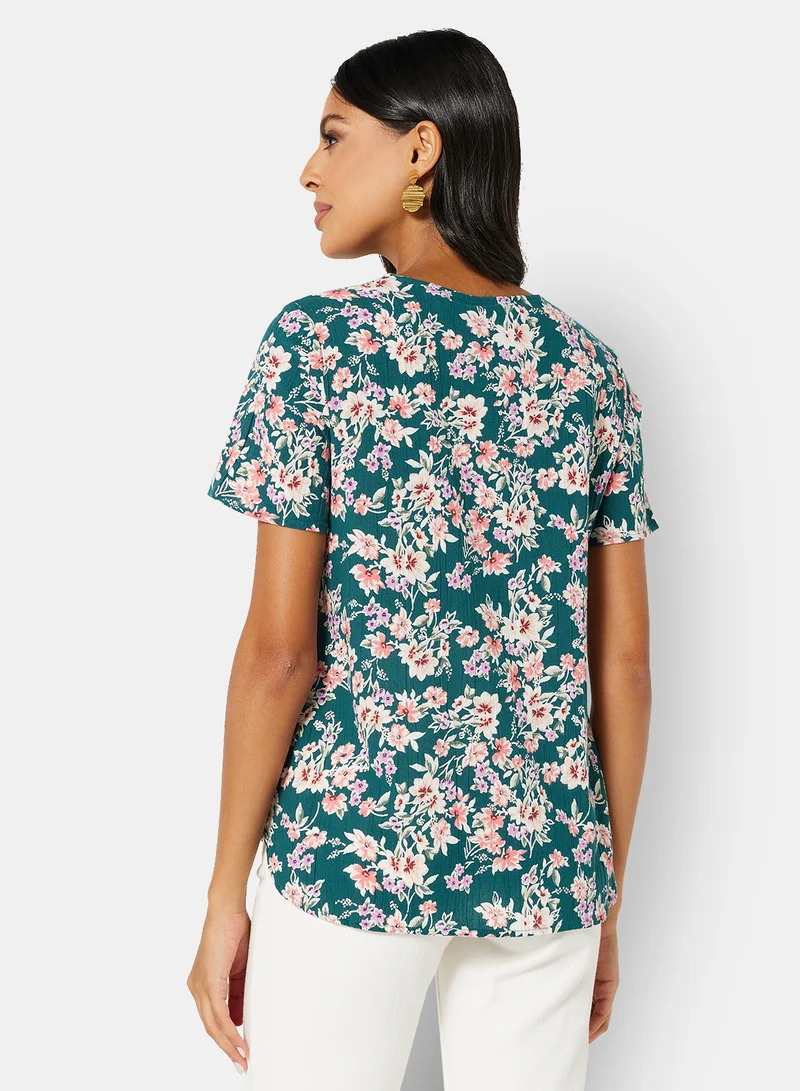 I.Scenery Floral Top Light Teal