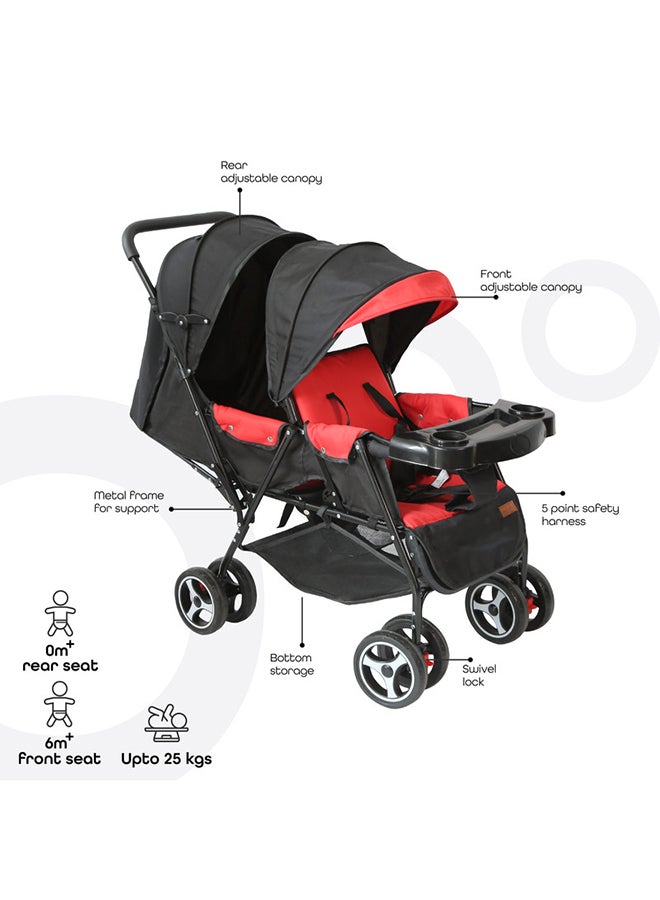 Luxury Canopy Pair Twin Stroller With Removable Armrest or Tray - Fire Red