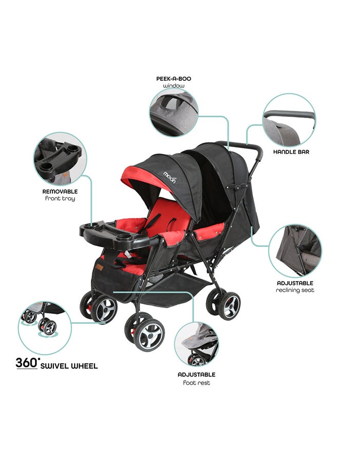 Luxury Canopy Pair Twin Stroller With Removable Armrest or Tray - Fire Red