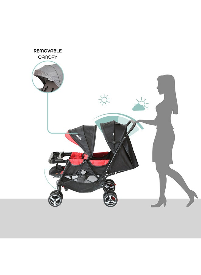 Luxury Canopy Pair Twin Stroller With Removable Armrest or Tray - Fire Red