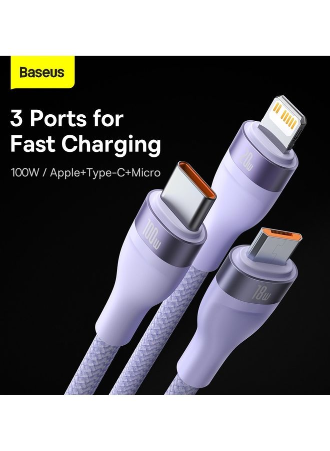 Baseus - Fast Charging USB + C to Type C 100W, Lightning 20W for iPhone 14 Pro Max, and Micro 18W, Data Cable 1.2M Compatible for Apple 13 12 11, MacBook, iPad, Samsung, Huawei, and More Purple - Image 1
