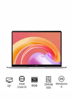 MateBook 13 Laptop With 13-Inch 2K FullView Screen, 11th Gen Core i3-1115G4 Processor / 8GB RAM / 256GB SSD / Intel Iris Xe Graphics / Fingerprint Power Button / Windows 11 / English/Arabic Space Grey