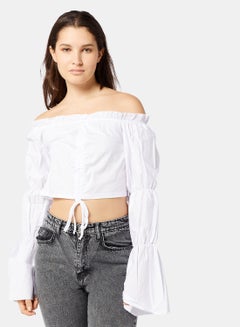 Ruched Long Sleeve Crop Top White