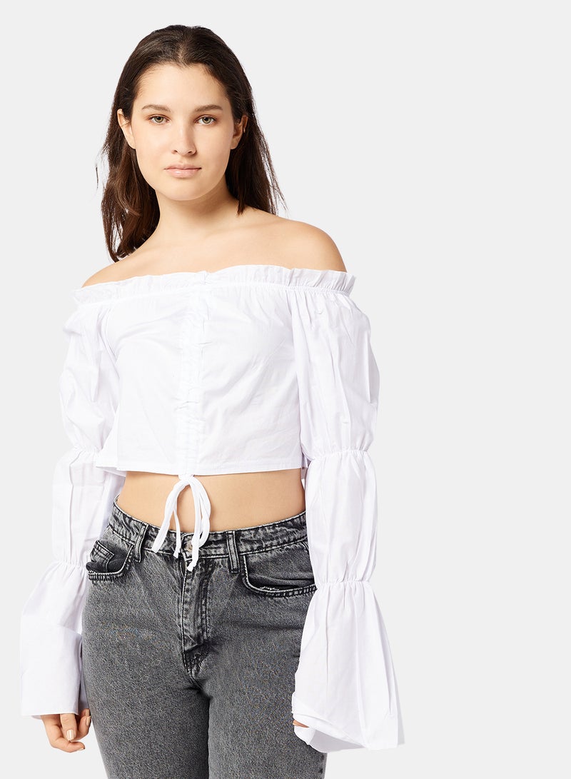 FEMME LUXE - Ruched Long Sleeve Crop Top White - Image 1