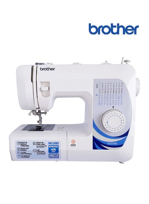 Traditional Metal Chassis Electric Sewing Machines Featuring 37 Built-In Stitch Selections For Convenient And Versatile Sewing | This Sewing Machine Features A Built-In Needle Threader And Quick Set Bobbin | 1-Step Buttonhole And | Made In Vietnam GS3700 White/Blue/Silver