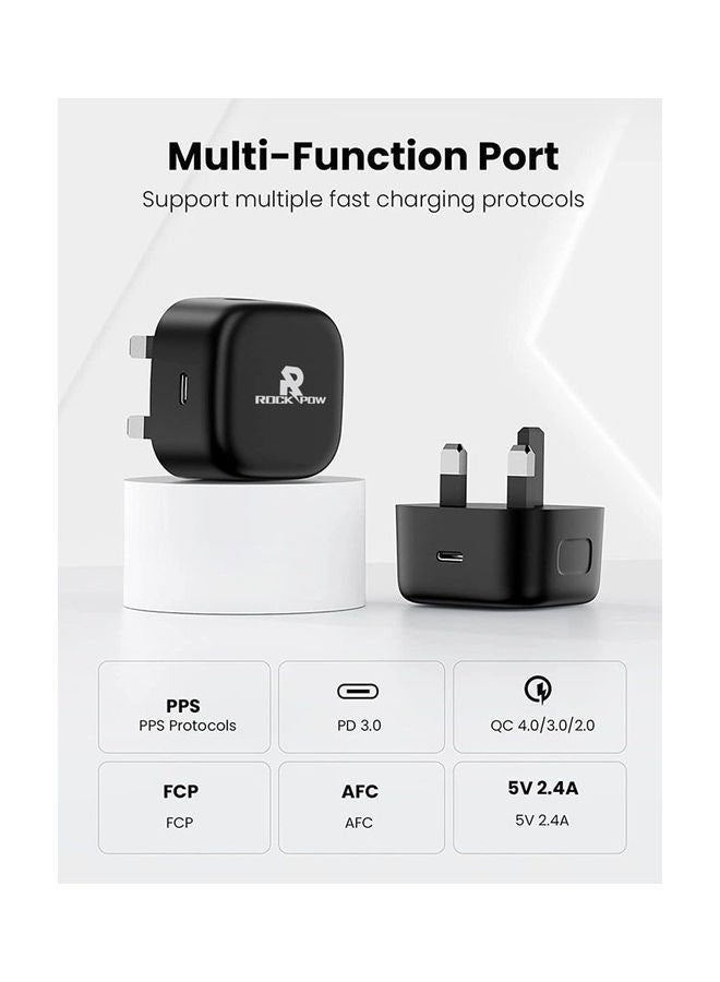 روك بو - محول شحن سريع للحائط PD 25 وات من النوع C مع كابل USB C متوافق مع Samsung S21/S21+/S21 Ultra/S20/Note20/Note10/S9/S8/، iPad Pro، Air 4، iPad Mini 6 أسود لون أسود. - Image 1