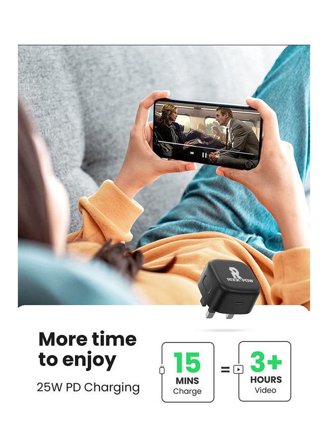 روك بو - محول شحن سريع للحائط PD 25 وات من النوع C مع كابل USB C متوافق مع Samsung S21/S21+/S21 Ultra/S20/Note20/Note10/S9/S8/، iPad Pro، Air 4، iPad Mini 6 أسود لون أسود. - Image 1