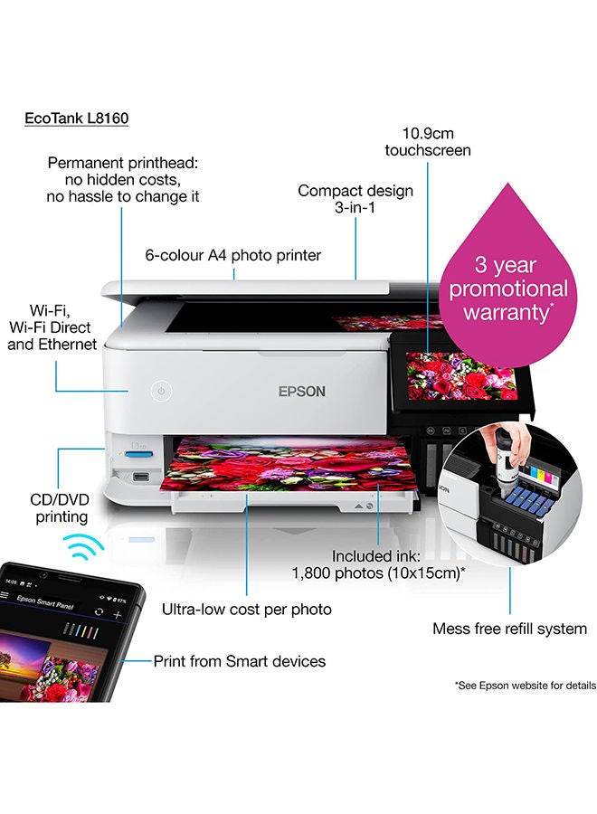EPSON - EcoTank L8160 A4 multi-Function photo Inktank Printer White - Image 1