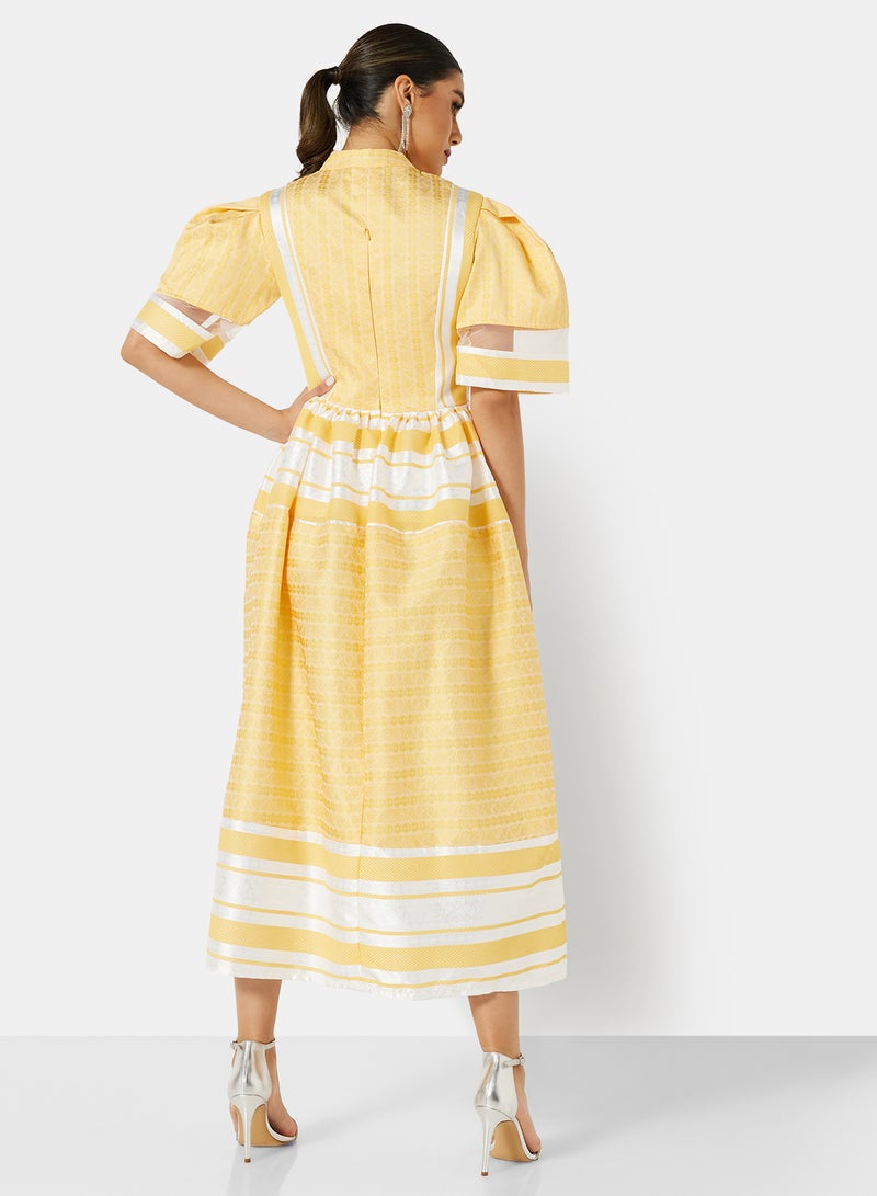 Threadz by Ajooni - Puff Sleeve Self Fabric Midi Dress Yellow - Image 1