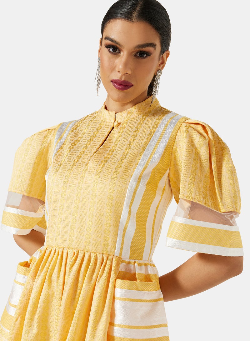 Threadz by Ajooni - Puff Sleeve Self Fabric Midi Dress Yellow - Image 1