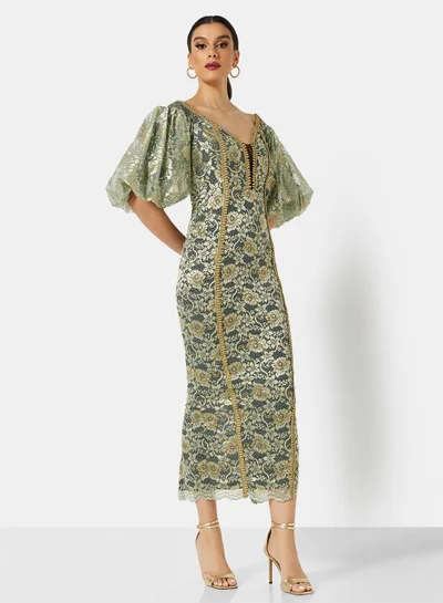 Threadz by Ajooni Off Shoulder Metallic Lace Dress Green