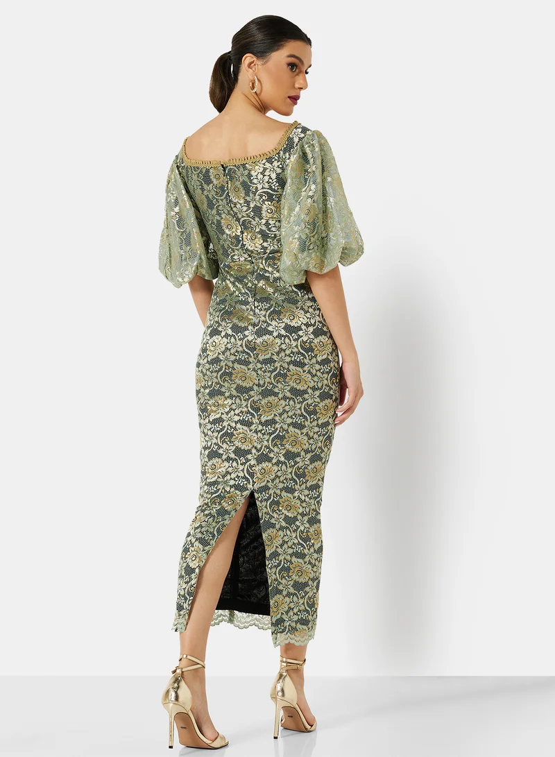 Threadz by Ajooni Off Shoulder Metallic Lace Dress Green