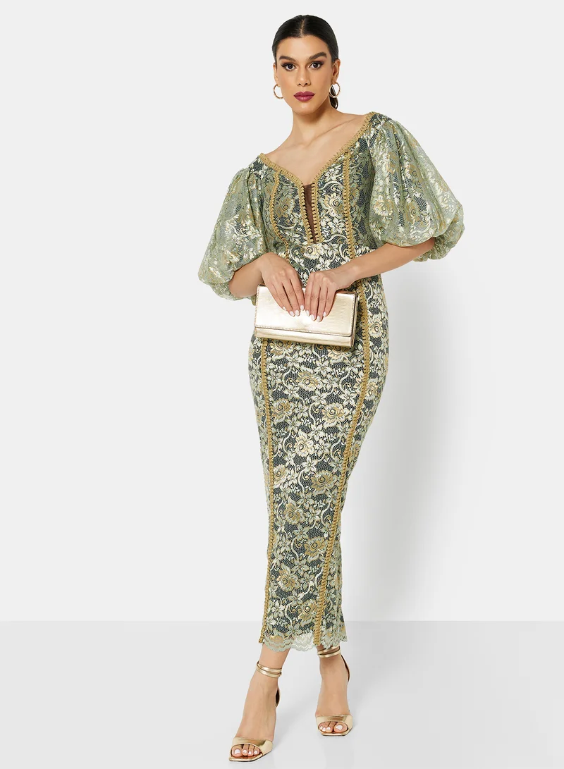Threadz by Ajooni Off Shoulder Metallic Lace Dress Green