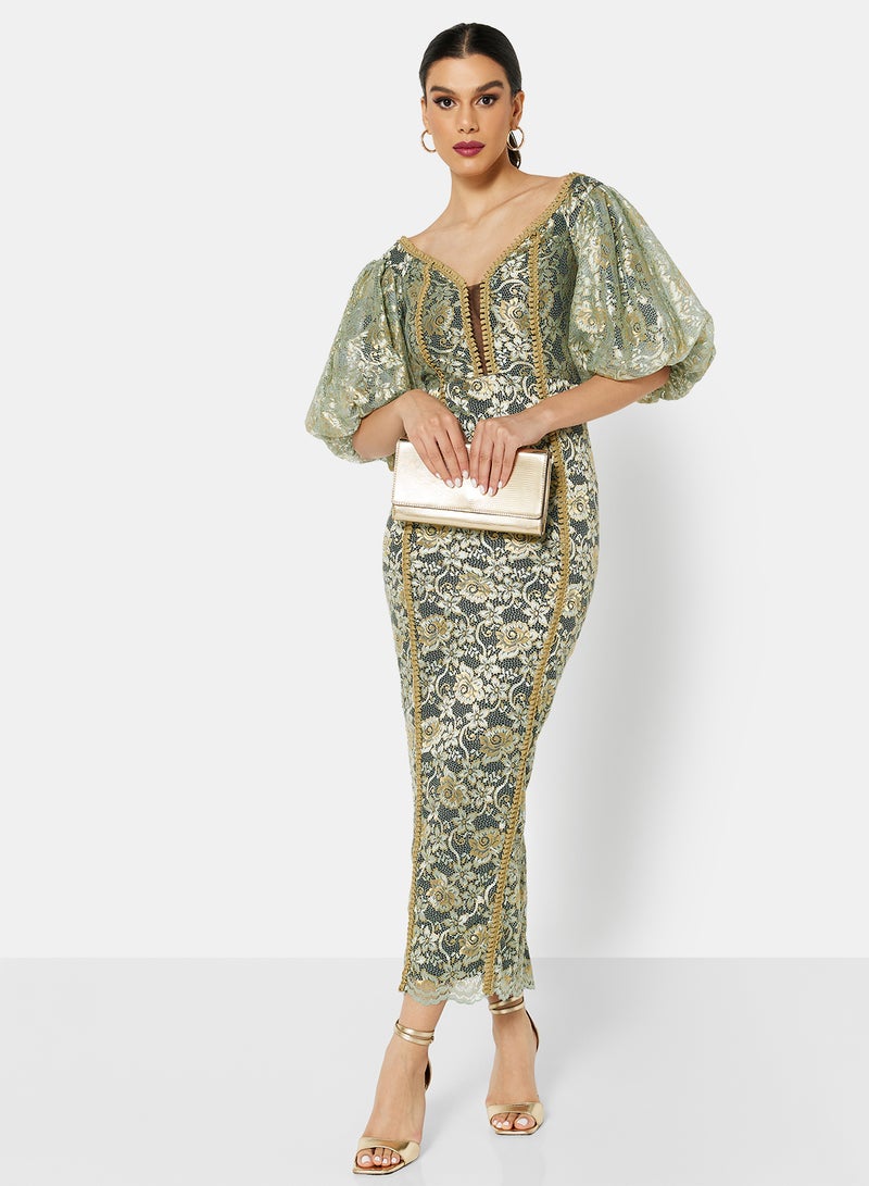 Threadz by Ajooni Off Shoulder Metallic Lace Dress Green  - Image 4