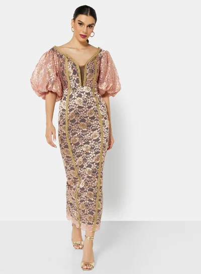 Threadz by Ajooni Off Shoulder Metallic Lace Dress Pink